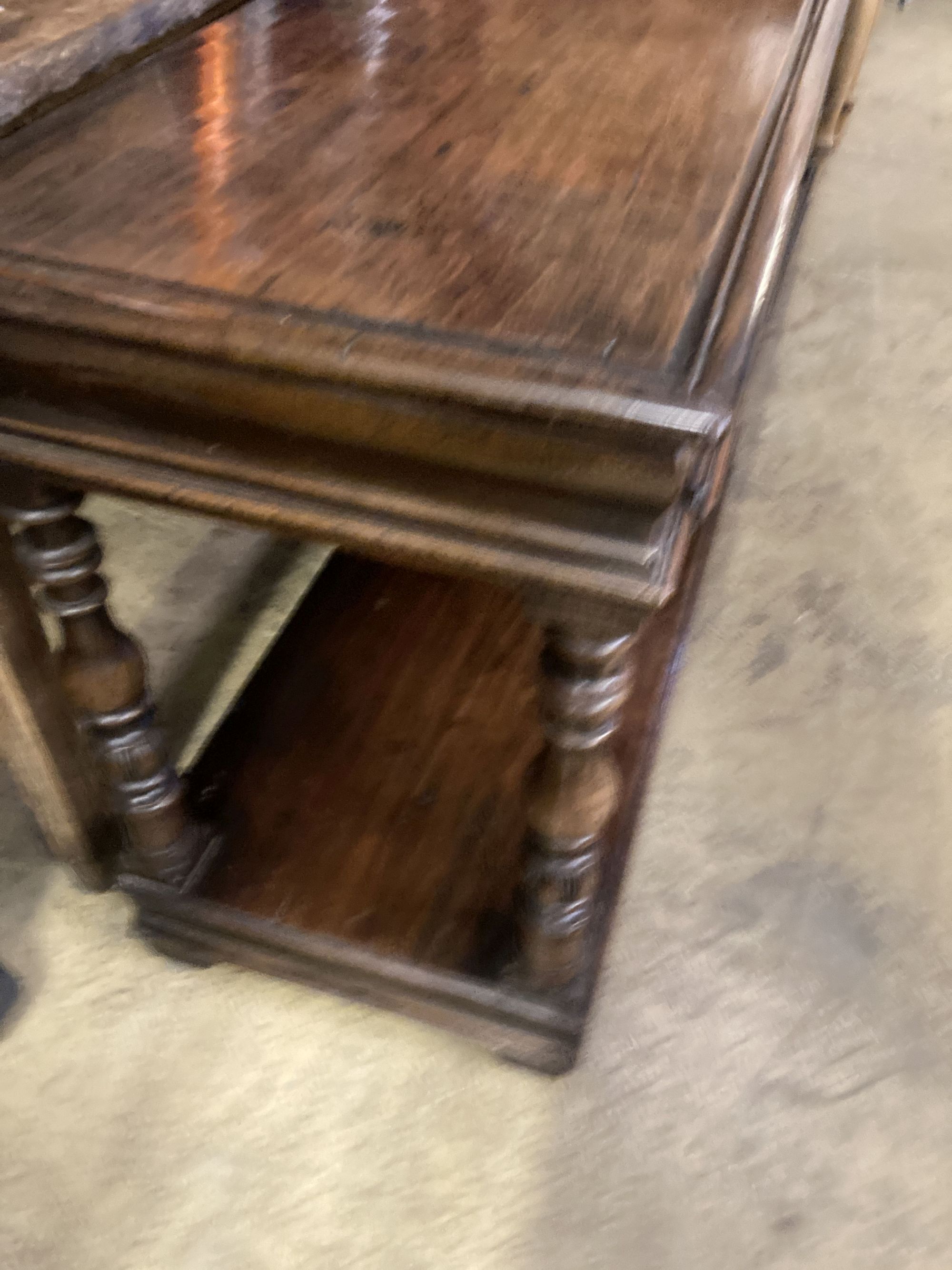 A pair of 17th century style rectangular oak two tier two drawer side tables, width 99cm, depth 46cm, height 76cm